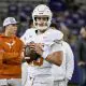 Nov 11, 2023; Fort Worth, Texas, USA; Texas Longhorns quarterback Arch Manning (16) warms up before the game between the TCU Horned Frogs and the Texas Longhorns at Amon G. Carter Stadium. Mandatory Credit: Jerome Miron-USA TODAY Sports