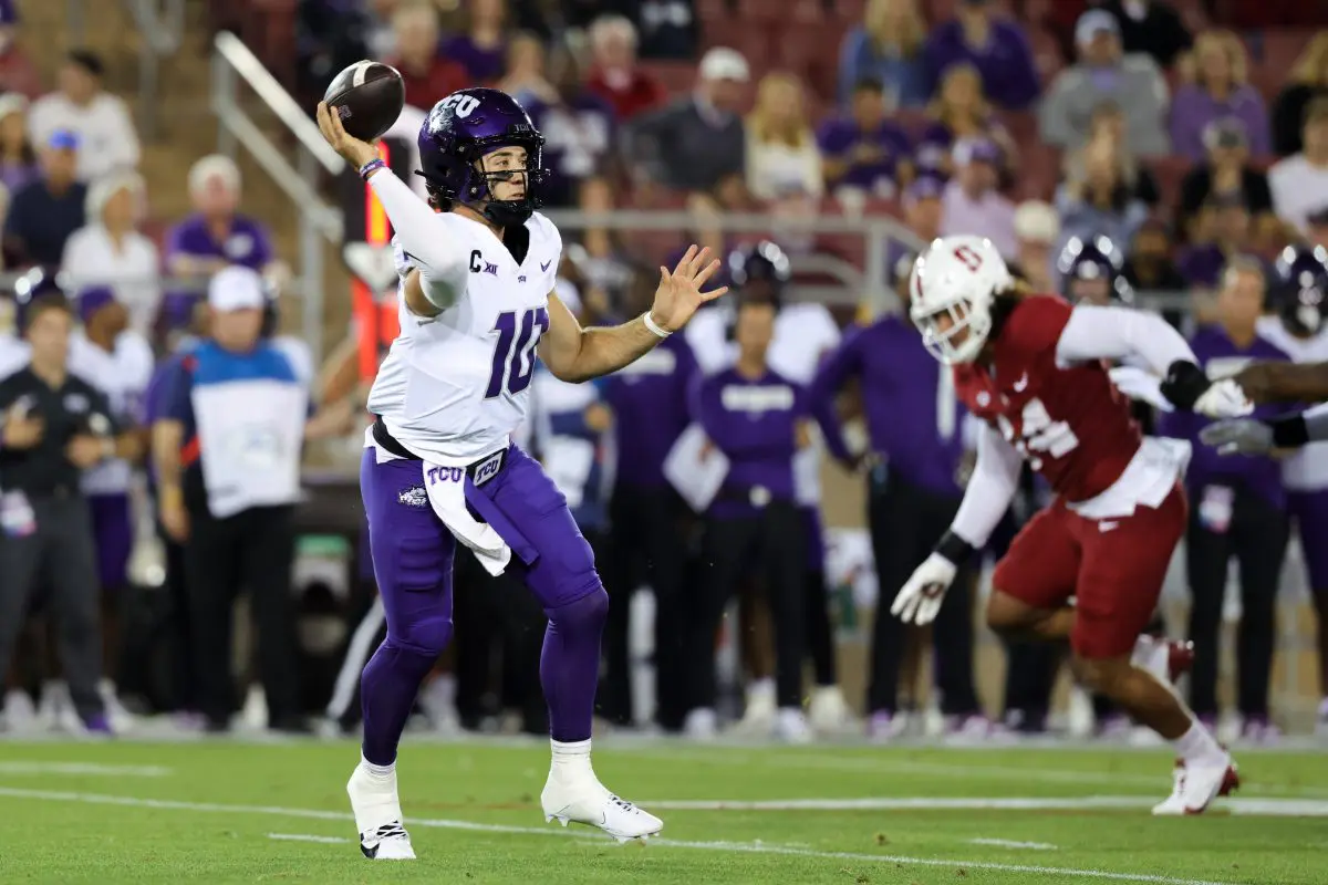Aug 30, 2024; Stanford, California, USA; TCU Horned Frogs quarterback Josh Hoover (10) looks to pass the ball during the first quarter against the Stanford Cardinal at Stanford Stadium. Mandatory Credit: Sergio Estrada-USA TODAY Sports Aug 30, 2024; Stanford, California, USA; TCU Horned Frogs quarterback Josh Hoover (10) looks to pass the ball during the first quarter against the Stanford Cardinal at Stanford Stadium. Mandatory Credit: Sergio Estrada-USA TODAY Sports