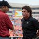 Oct 6, 2018; Stillwater, OK, USA; Iowa State Cyclones head coach Matt Campbell and Oklahoma State Cowboys head coach Mike Gundy (right) meet before a game at Boone Pickens Stadium. Mandatory Credit: Rob Ferguson-USA TODAY Sports