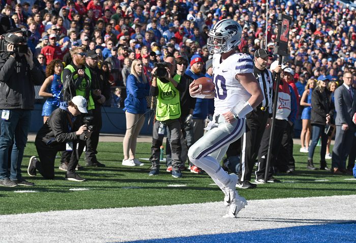 Nov 2, 2019; Lawrence, KS, USA; Kansas State Wildcats quarterback Skylar Thompson (10) runs in for a touchdown against the Kansas Jayhawks during the first half at David Booth Kansas Memorial Stadium. Mandatory Credit: Denny Medley-USA TODAY Sports