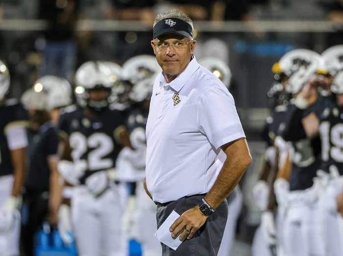Sep 2, 2021; Orlando, Florida, USA; UCF Knights head coach Gus Malzahn looks on during warms up before the game against the Boise State Broncos at Bounce House. Mandatory Credit: Mike Watters-USA TODAY Sports
