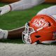 Dec 4, 2021; Arlington, TX, USA; A view of an Oklahoma State Cowboys helmet and logo as the Cowboys warm up before the game against the Baylor Bears during the Big 12 Conference championship game at AT&T Stadium. Mandatory Credit: Jerome Miron-USA TODAY Sports