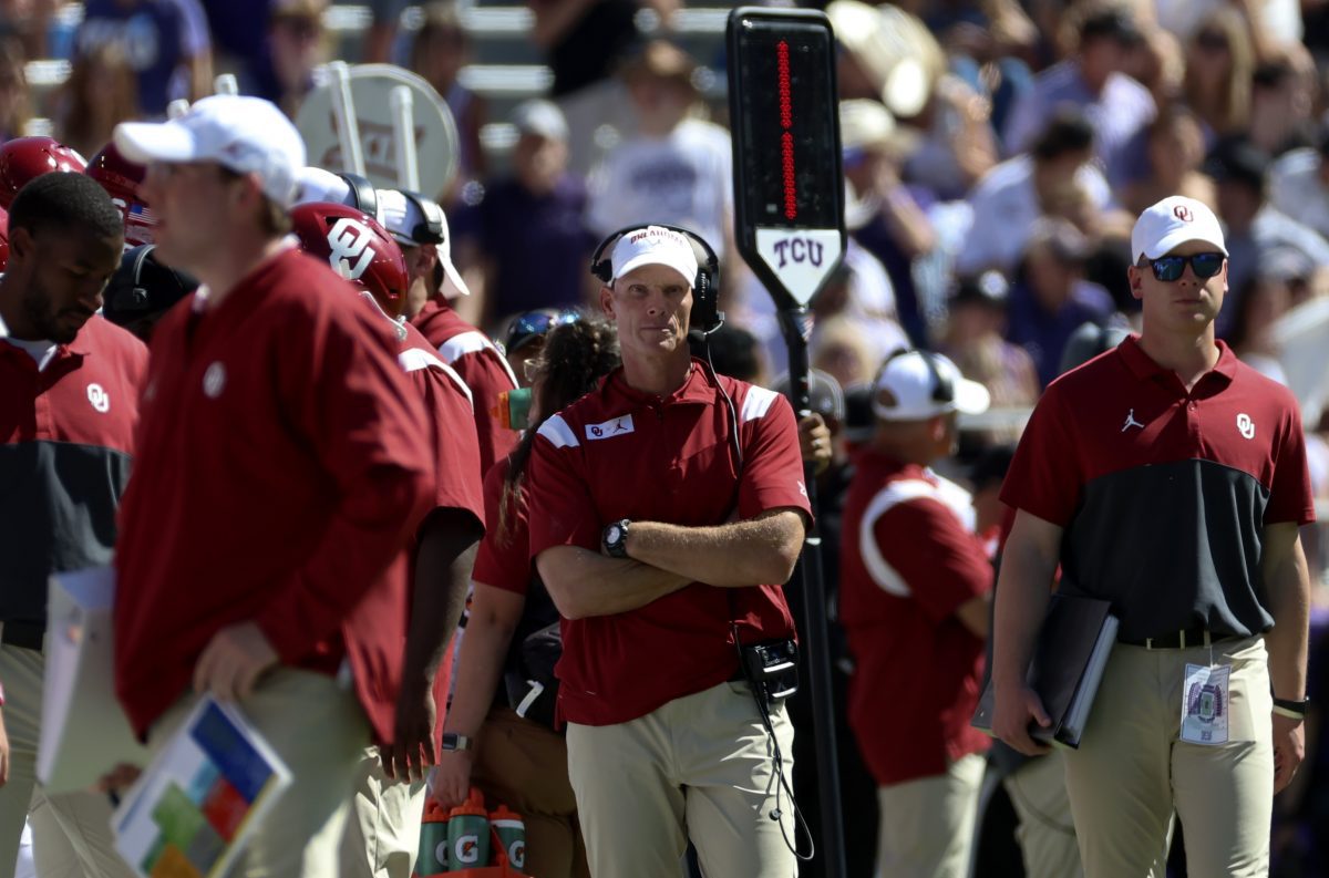 Oct 1, 2022; Fort Worth, Texas, USA; Oklahoma Sooners head coach Brent Venables reacts during the second half against the TCU Horned Frogs at Amon G. Carter Stadium. Mandatory Credit: Kevin Jairaj-USA TODAY Sports