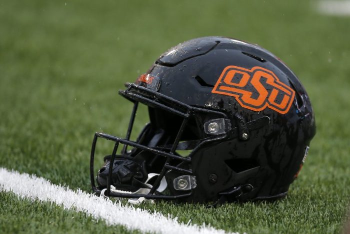 Nov 26, 2022; Stillwater, Oklahoma, USA; An Oklahoma State helmet is seen before a college football game between Oklahoma State and West Virginia at Boone Pickens Stadium in Stillwater, Okla., Saturday, Nov. 26, 2022. Mandatory Credit: Bryan Terry-USA TODAY Sports