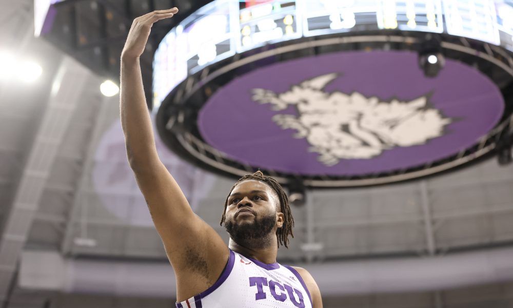 Jan 14, 2023; Fort Worth, Texas, USA; TCU Horned Frogs center Eddie Lampkin Jr. (4) reacts during the first half against the Kansas State Wildcats at Ed and Rae Schollmaier Arena. Mandatory Credit: Kevin Jairaj-USA TODAY Sports