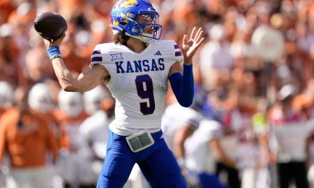 Kansas Jayhawks quarterback Jason Bean throws a pass against the Texas Longhorns in the second quarter at Royal-Memorial Stadium on Saturday September 30, 2023.