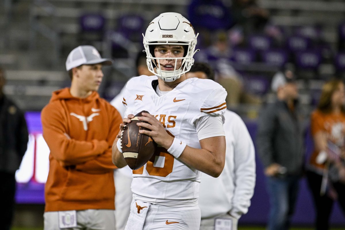 Nov 11, 2023; Fort Worth, Texas, USA; Texas Longhorns quarterback Arch Manning (16) warms up before the game between the TCU Horned Frogs and the Texas Longhorns at Amon G. Carter Stadium. Mandatory Credit: Jerome Miron-USA TODAY Sports