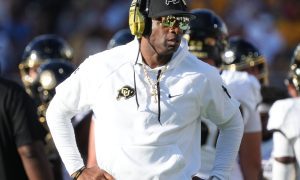 Oct 7, 2023; Tempe, Arizona, USA; Colorado Buffaloes head coach Deion Sanders walks the sidelines as his team takes on the ASU Sun Devils at Mountain America Stadium.