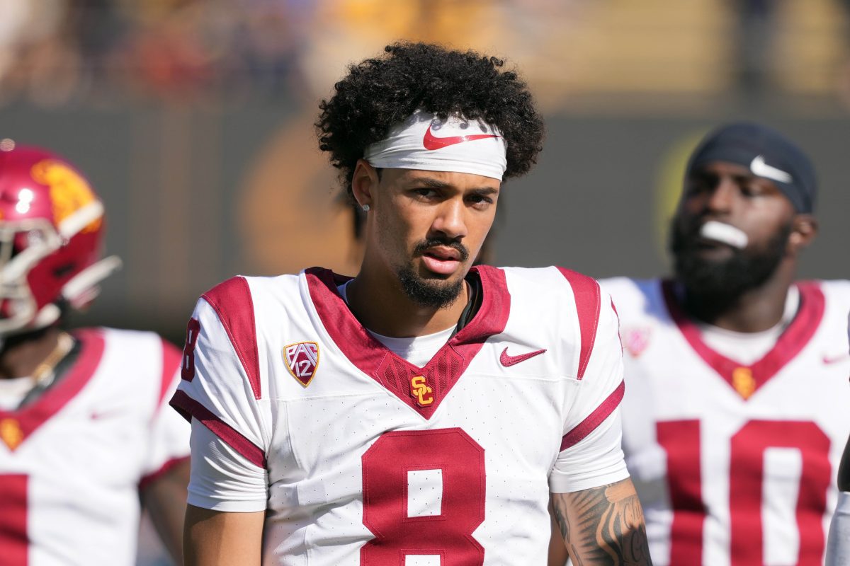 Oct 28, 2023; Berkeley, California, USA; USC Trojans quarterback Malachi Nelson (8) before the game against the California Golden Bears at California Memorial Stadium. Mandatory Credit: Darren Yamashita-USA TODAY Sports