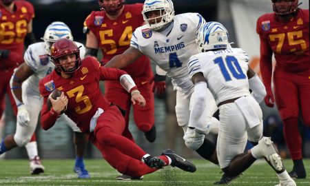 Dec 29, 2023; Memphis, TN, USA; Iowa State Cyclones quarterback Rocco Becht (3) slides during the first half against the Memphis Tigers at Simmons Bank Liberty Stadium. Mandatory Credit: Petre Thomas-USA TODAY Sports