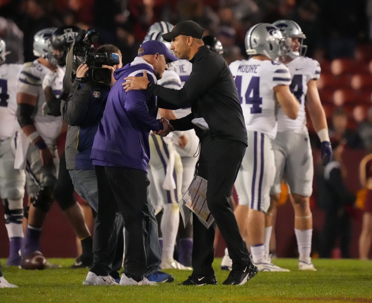 Iowa State head football coach Matt Campbell, right, shakes hands with Kansas State head coach Chris Klieman after Kansas State beat the Cyclones, 10-9, during a NCAA college football game at Jack Trice Stadium in Ames, Iowa, on Saturday, Oct. 8, 2022. Iowastatevskansasstatefb 20221008 Bh