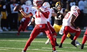 Nov 25, 2022; Iowa City, Iowa, USA; Nebraska Cornhuskers quarterback Casey Thompson throws a pass against the Iowa Hawkeyes at Kinnick Stadium. Mandatory Credit: Reese Strickland-USA TODAY Sports
