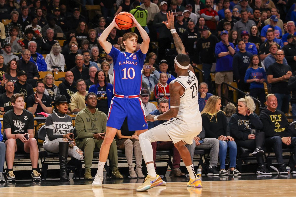 Jan 10, 2024; Orlando, Florida, USA; Kansas Jayhawks guard Johnny Furphy (10) looks to pass during the first period against the UCF Knights at Addition Financial Arena. Mandatory Credit: Mike Watters-USA TODAY Sports