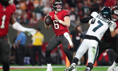 Jan 15, 2024; Tampa, Florida, USA; Tampa Bay Buccaneers quarterback Baker Mayfield (6) drops back to throw against the Philadelphia Eagles during the first half of a 2024 NFC wild card game at Raymond James Stadium. Mandatory Credit: Nathan Ray Seebeck-USA TODAY Sports