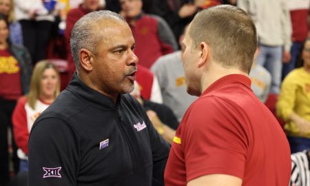 Jan 24, 2024; Ames, Iowa, USA; Kansas State Wildcats head coach Jerome Tang and Iowa State Cyclones head coach T.J. Otzelberger meet after their game at James H. Hilton Coliseum. Mandatory Credit: Reese Strickland-USA TODAY Sports