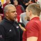 Jan 24, 2024; Ames, Iowa, USA; Kansas State Wildcats head coach Jerome Tang and Iowa State Cyclones head coach T.J. Otzelberger meet after their game at James H. Hilton Coliseum. Mandatory Credit: Reese Strickland-USA TODAY Sports