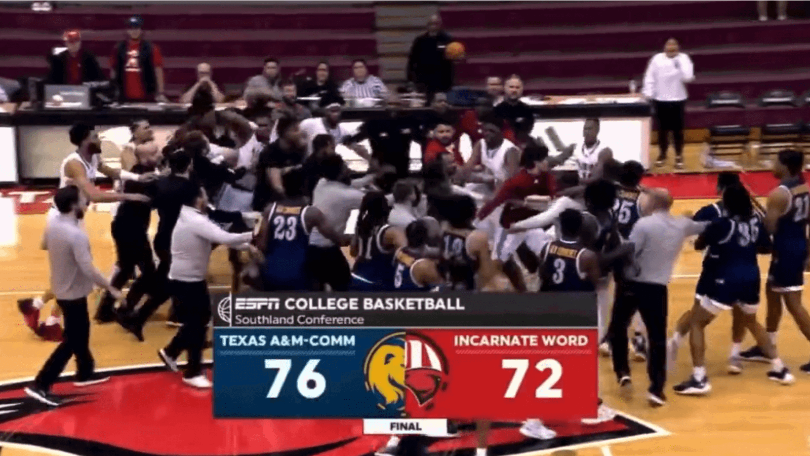 Fight between Texas A&M-Commerce and Incarnate Word basketball.