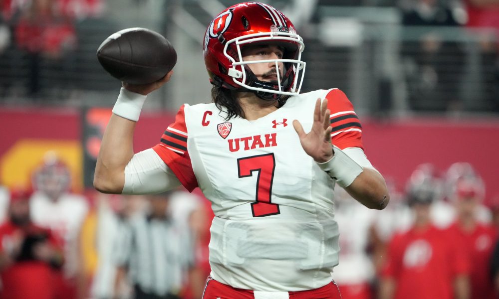 Dec 2, 2022; Las Vegas, NV, USA; Utah Utes quarterback Cameron Rising (7) throws the ball against the Southern California Trojans in the first half of the Pac-12 Championship at Allegiant Stadium. Mandatory Credit: Kirby Lee-USA TODAY Sports