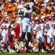 Oct 7, 2023; Dallas, Texas, USA; Oklahoma Sooners offensive lineman Tyler Guyton (60) reacts during the game against the Texas Longhorns at the Cotton Bowl. Mandatory Credit: Kevin Jairaj-USA TODAY Sports