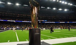 Jan 8, 2024; Houston, TX, USA; A view of the CFP Trophy before the 2024 College Football Playoff national championship game between the Michigan Wolverines and the Washington Huskies at NRG Stadium. Mandatory Credit: Kirby Lee-USA TODAY Sports
