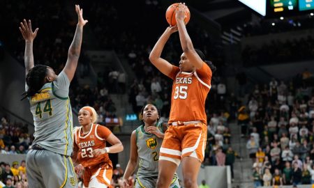 Feb 1, 2024; Waco, Texas, USA; Texas Longhorns forward Madison Booker (35) scores a basket against Baylor Lady Bears forward Dre'Una Edwards (44) during the first half at Paul and Alejandra Foster Pavilion. Mandatory Credit: Chris Jones-USA TODAY Sports