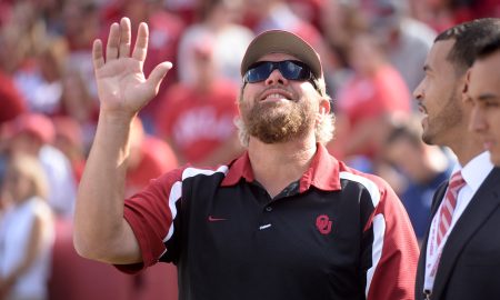 Oct 15, 2016; Norman, OK, USA; Country music singer Toby Keith waves to fans in a break in action between the Oklahoma Sooners and the Kansas State Wildcats during the first quarter at Gaylord Family - Oklahoma Memorial Stadium. Mandatory Credit: Mark D. Smith-USA TODAY Sports