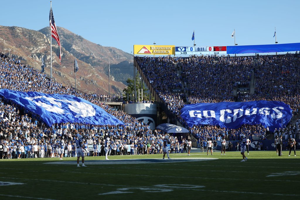 Oct 21, 2023; Provo, Utah, USA; The Brigham Young Cougars students display TIFOs before kickoff against the Texas Tech Red Raiders at LaVell Edwards Stadium. Mandatory Credit: Rob Gray-USA TODAY Sports