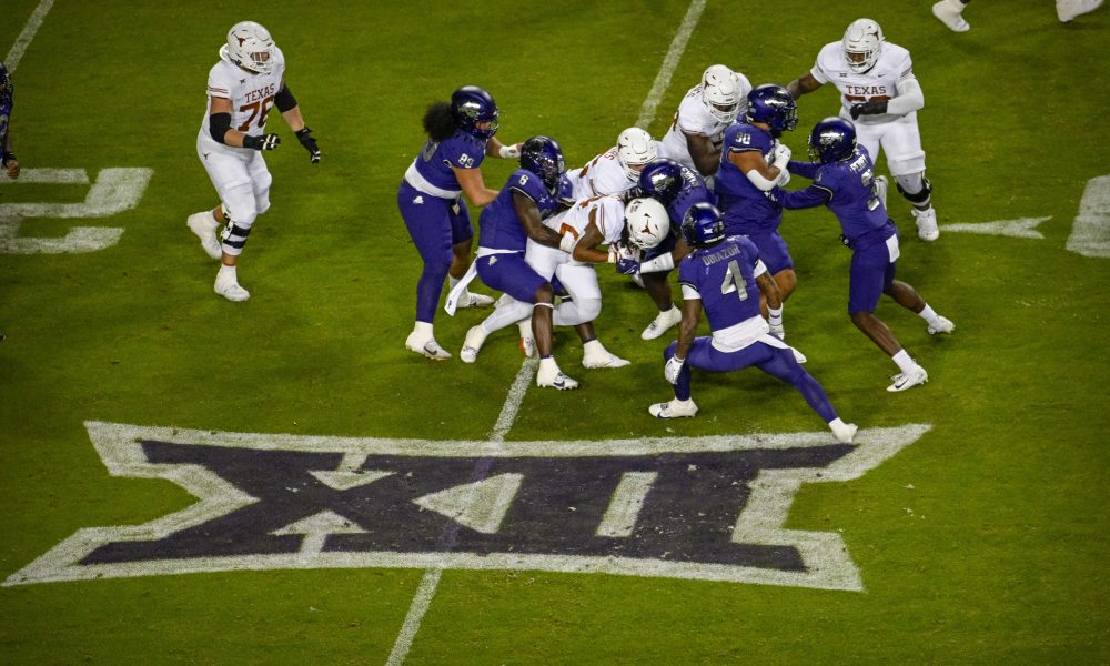Nov 11, 2023; Fort Worth, Texas, USA; A view of the big 12 logo during the game between the TCU Horned Frogs and the Texas Longhorns at Amon G. Carter Stadium. Mandatory Credit: Jerome Miron-USA TODAY Sports