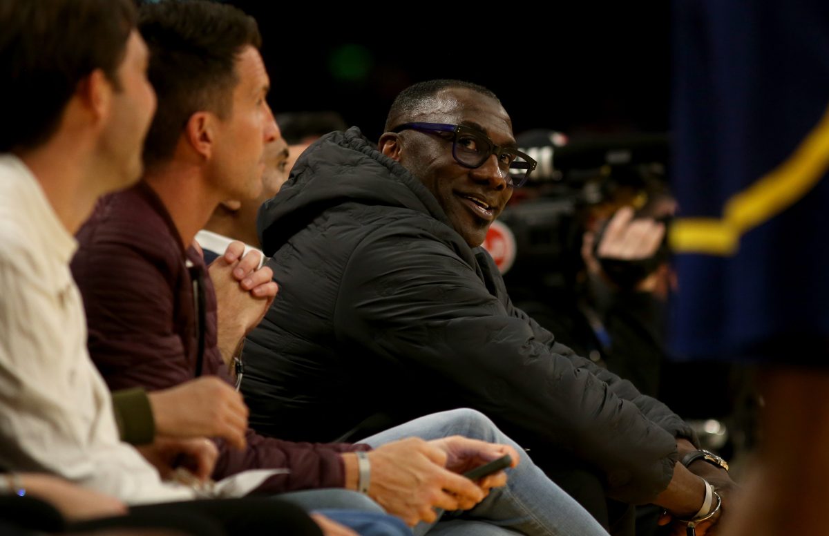 Mar 16, 2024; Los Angeles, California, USA; Shannon Sharpe during the second quarter between the Golden State Warriors and Los Angeles Lakers at Crypto.com Arena. Mandatory Credit: Jason Parkhurst-USA TODAY Sports