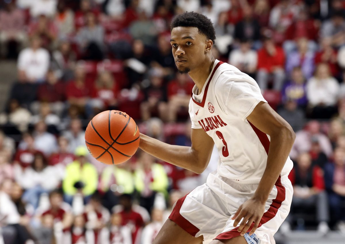 Jan 27, 2024; Tuscaloosa, Alabama, USA; Alabama Crimson Tide guard Rylan Griffen (3) dribbles the ball during the second half against the LSU Tigers at Coleman Coliseum. Mandatory Credit: Butch Dill-USA TODAY Sports