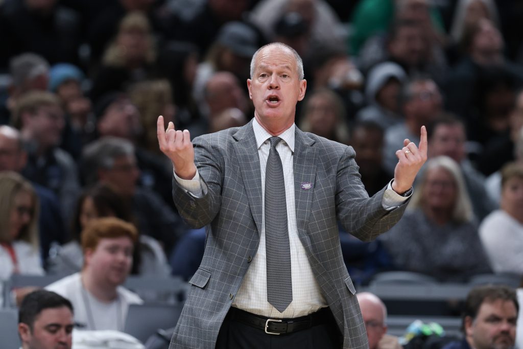Mar 24, 2024; Indianapolis, IN, USA; Colorado Buffaloes head coach Tad Boyle reacts during the second half against the Marquette Golden Eagles at Gainbridge FieldHouse. Mandatory Credit: Trevor Ruszkowski-USA TODAY Sports