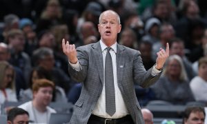 Mar 24, 2024; Indianapolis, IN, USA; Colorado Buffaloes head coach Tad Boyle reacts during the second half against the Marquette Golden Eagles at Gainbridge FieldHouse. Mandatory Credit: Trevor Ruszkowski-USA TODAY Sports