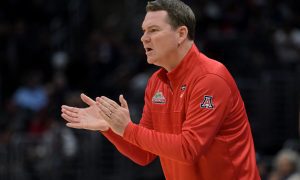 Mar 28, 2024; Los Angeles, CA, USA; Arizona Wildcats head coach Tommy Lloyd reacts in the first half against the Clemson Tigers in the semifinals of the West Regional of the 2024 NCAA Tournament at Crypto.com Arena. Mandatory Credit: Jayne Kamin-Oncea-USA TODAY Sports