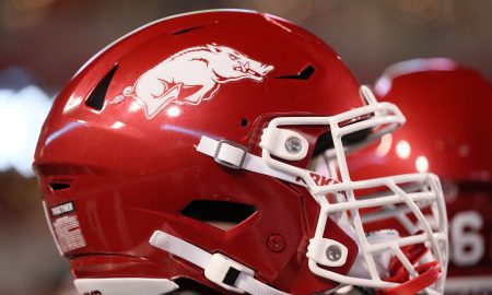 Nov 18, 2023; Fayetteville, Arkansas, USA; Arkansas Razorbacks helmet during the game against the FIU Panthers at Donald W. Reynolds Razorback Stadium. Arkansas won 44-20. Mandatory Credit: Nelson Chenault-USA TODAY Sports
