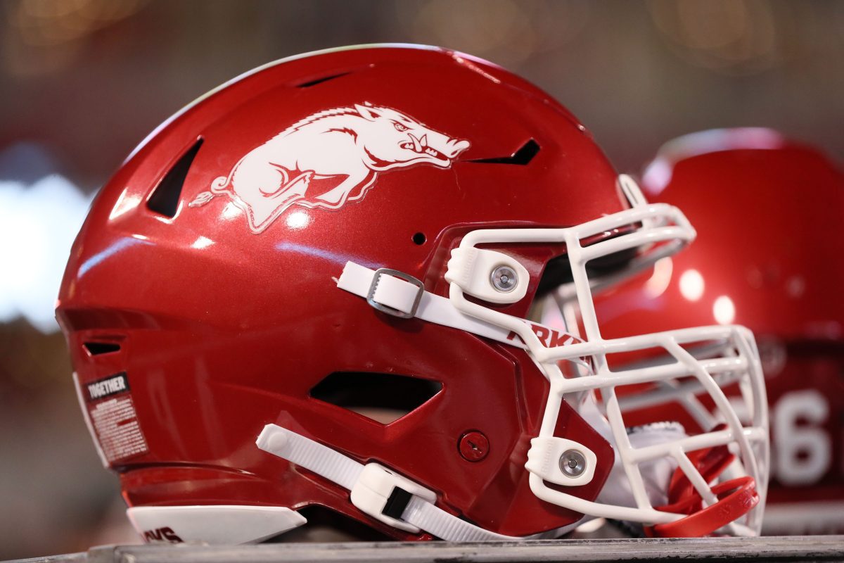 Nov 18, 2023; Fayetteville, Arkansas, USA; Arkansas Razorbacks helmet during the game against the FIU Panthers at Donald W. Reynolds Razorback Stadium. Arkansas won 44-20. Mandatory Credit: Nelson Chenault-USA TODAY Sports
