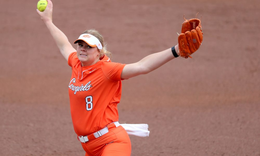 Oklahoma State's Lexi Kilfoyl (8) pitches during a college softball game between the Oklahoma State University Cowgirls and the Texas Longhorns in Stillwater, Okla., Saturday, March 30, 2024. Oklahoma State won 3-0.