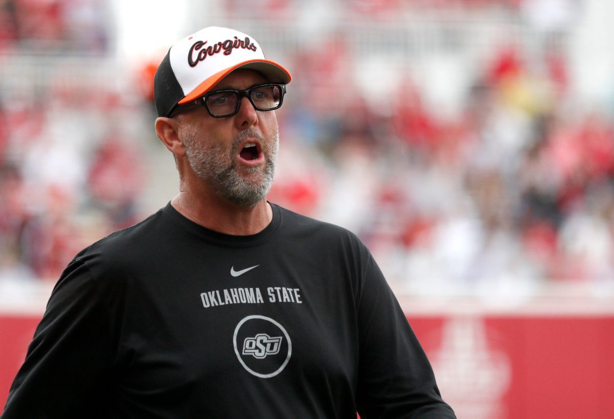 Oklahoma State head coach Kenny Gajewski is pictured during the Bedlam college softball game between the University of Oklahoma Sooners and the Oklahoma State University Cowgirls at Love's Field in Norman, Okla., Sunday, May, 5, 2024.