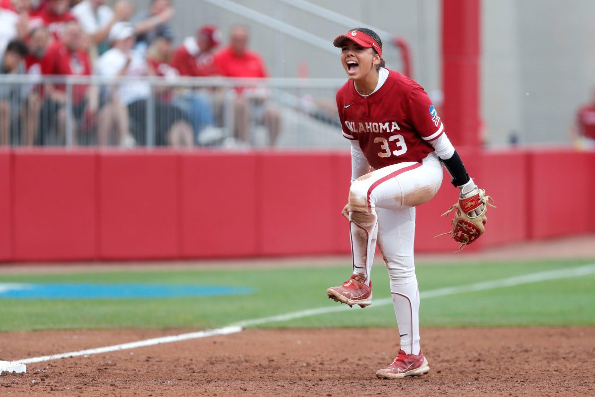 Oklahoma's Alyssa Brito (33) celebrates after an out during a softball game between the Oklahoma Sooners (OU) and the Florida State Seminoles during the first game of the Norman Super Regional in the NCAA Tournament, Thursday, May 23, 2024. Oklahoma won on a run rule 11-3.