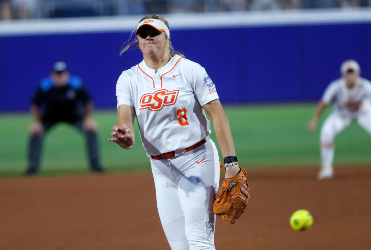 Oklahoma State's Lexi Kilfoyl (8) throws a pitch during the Women's College World Series game between the Oklahoma State Cowgirls and Stanford at Devon Park in Oklahoma City, Friday, May, 31, 2024.