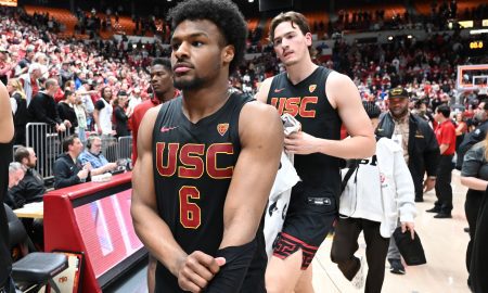 Feb 29, 2024; Pullman, Washington, USA; USC Trojans guard Bronny James (6) walks off the court after a game against the Washington State Cougars at Friel Court at Beasley Coliseum. Washington State Cougars won 75-72. Mandatory Credit: James Snook-USA TODAY Sports