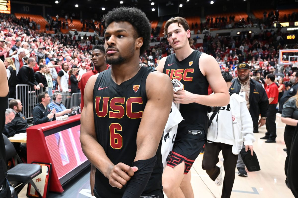 Feb 29, 2024; Pullman, Washington, USA; USC Trojans guard Bronny James (6) walks off the court after a game against the Washington State Cougars at Friel Court at Beasley Coliseum. Washington State Cougars won 75-72. Mandatory Credit: James Snook-USA TODAY Sports