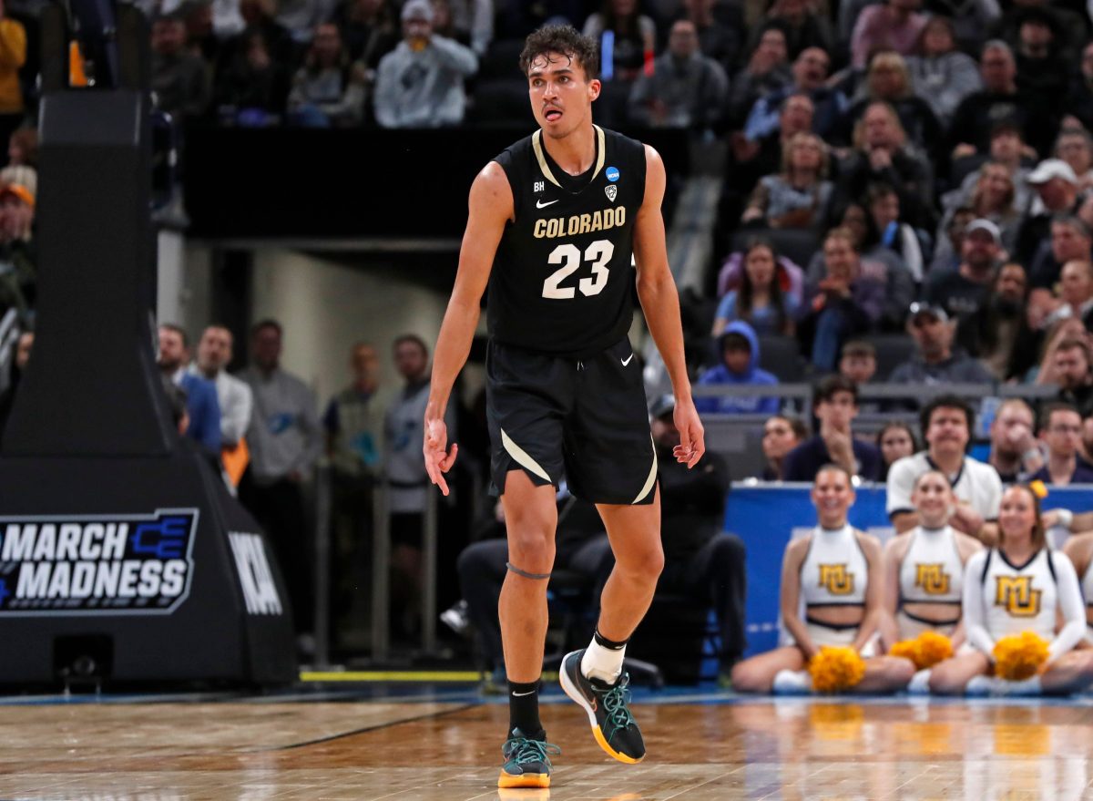 Colorado Buffaloes forward Tristan da Silva (23) reacts after scoring during NCAA Men’s Basketball Tournament game against the Marquette Golden Eagles, Sunday, March 24, 2024, at Gainbridge Fieldhouse in Indianapolis. Marquette Golden Eagles won 81-77.