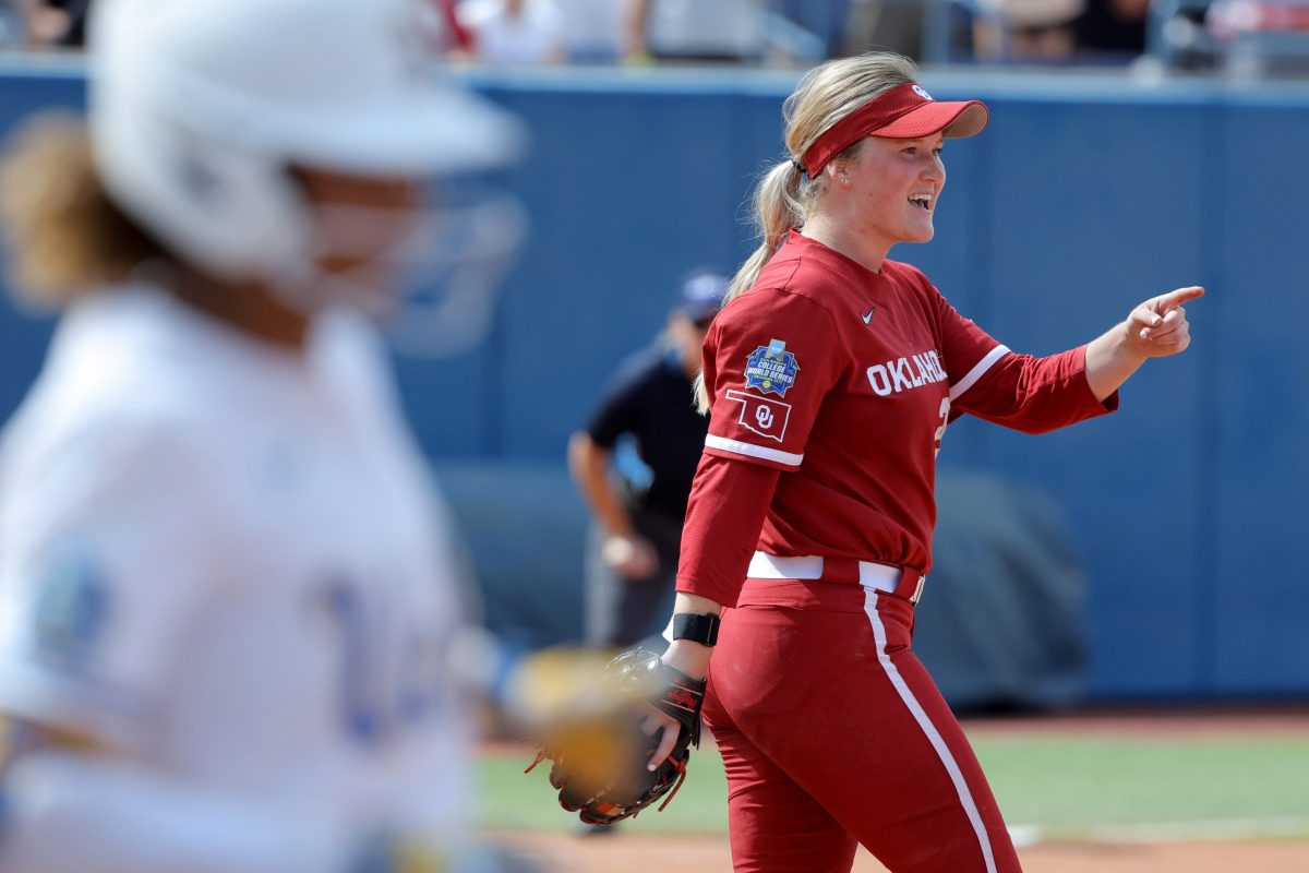 Oklahoma pitcher Kelly Maxwell (28) celebrates after a Women's College World Series softball game between the University of Oklahoma Sooners (OU) and the UCLA Bruins at Devon Park in Oklahoma City, Saturday, June 1, 2024. Oklahoma won 1-0.