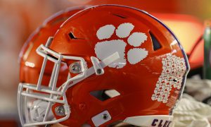 Oct 8, 2022; Chestnut Hill, Massachusetts, USA; The logo of the Clemson Tigers is seen on a football helmet during the second half of the game between the Boston College Eagles and the Clemson Tigers at Alumni Stadium. Mandatory Credit: Winslow Townson-USA TODAY Sports