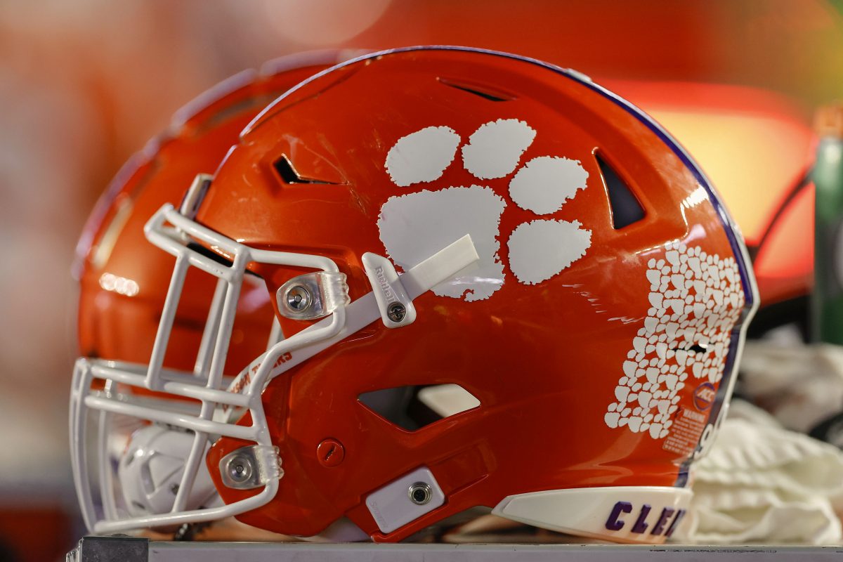 Oct 8, 2022; Chestnut Hill, Massachusetts, USA; The logo of the Clemson Tigers is seen on a football helmet during the second half of the game between the Boston College Eagles and the Clemson Tigers at Alumni Stadium. Mandatory Credit: Winslow Townson-USA TODAY Sports