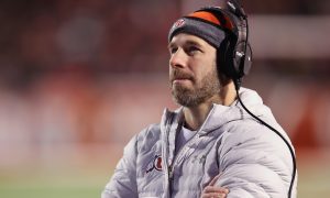 Nov 12, 2022; Salt Lake City, Utah, USA; Utah Utes defensive coordinator Morgan Scalley looks on in the second quarter against the Stanford Cardinal at Rice-Eccles Stadium. Mandatory Credit: Rob Gray-USA TODAY Sports