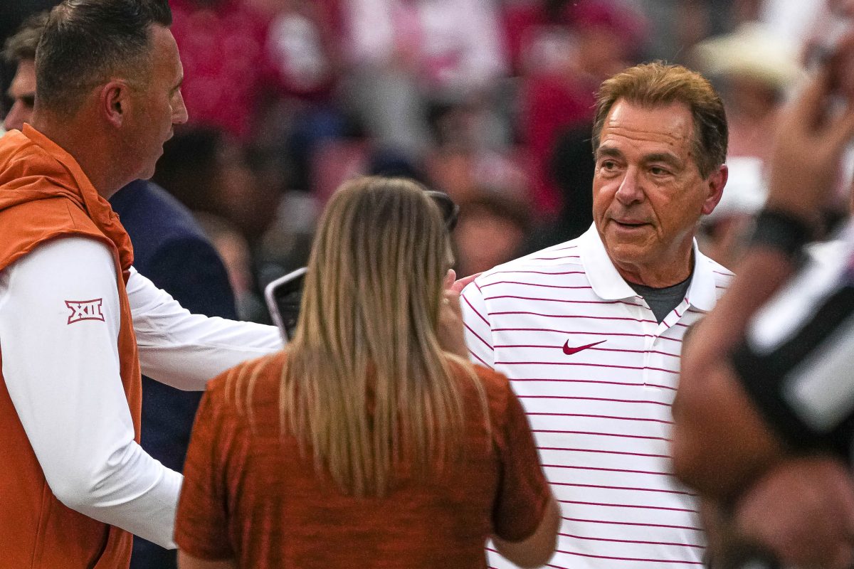 Alabama head coach Nick Saban talks to Texas Longhorns head coach Steve Sarkisian ahead of the game at Bryant-Denny Stadium on Saturday, Sep. 9, 2023 in Tuscaloosa, Alabama.