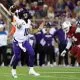 Aug 30, 2024; Stanford, California, USA; TCU Horned Frogs quarterback Josh Hoover (10) looks to pass the ball during the first quarter against the Stanford Cardinal at Stanford Stadium. Mandatory Credit: Sergio Estrada-USA TODAY Sports