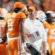 Tennessee head coach Josh Heupel and Tennessee quarterback Nico Iamaleava (8) chat on the sidelines during a game between Tennessee and Kent State at Neyland Stadium, in Knoxville, Tenn., Saturday, Sept. 14, 2024.