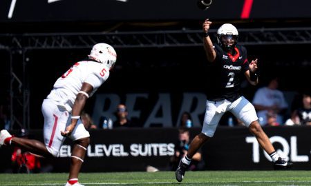Cincinnati Bearcats quarterback Brendan Sorsby (2) throws a pass in the second quarter of the College Football game against the Houston Cougars at Nippert Stadium in Cincinnati on Saturday, Sept. 21, 2024.
